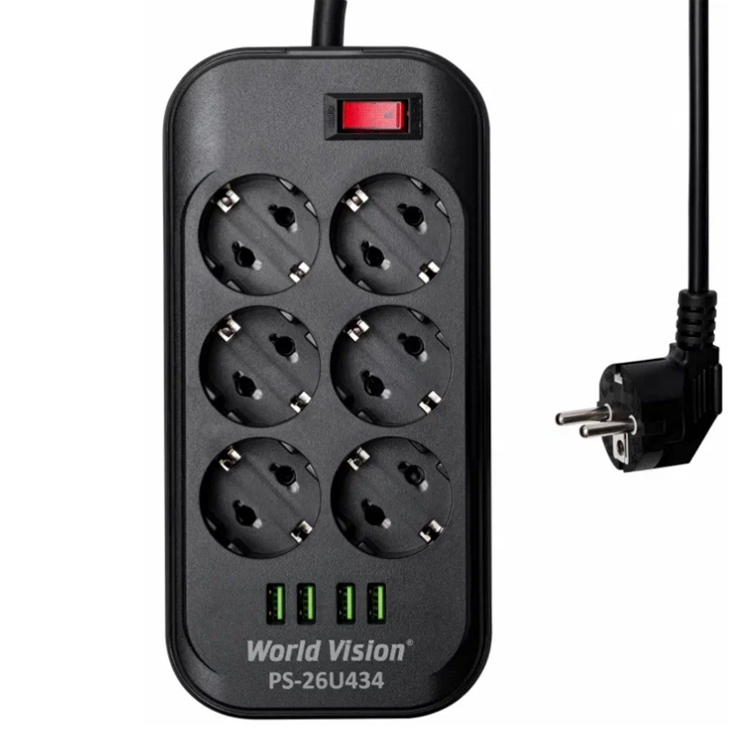  Сетевой фильтр World Vision 6 Sockets + 4 USB 2m Black PS-26U434