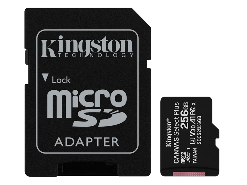 Карта памяти 256Gb - Kingston Canvas Select Plus Micro Secure Digital XC UHS-I Class U3 V30 A1 SDCS2/256GB с переходником под SD