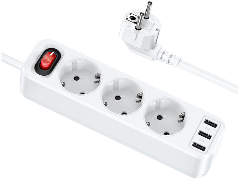   Pleer Сетевой фильтр Hoco NS2 3 Sockets 1.8m White 6931474765178