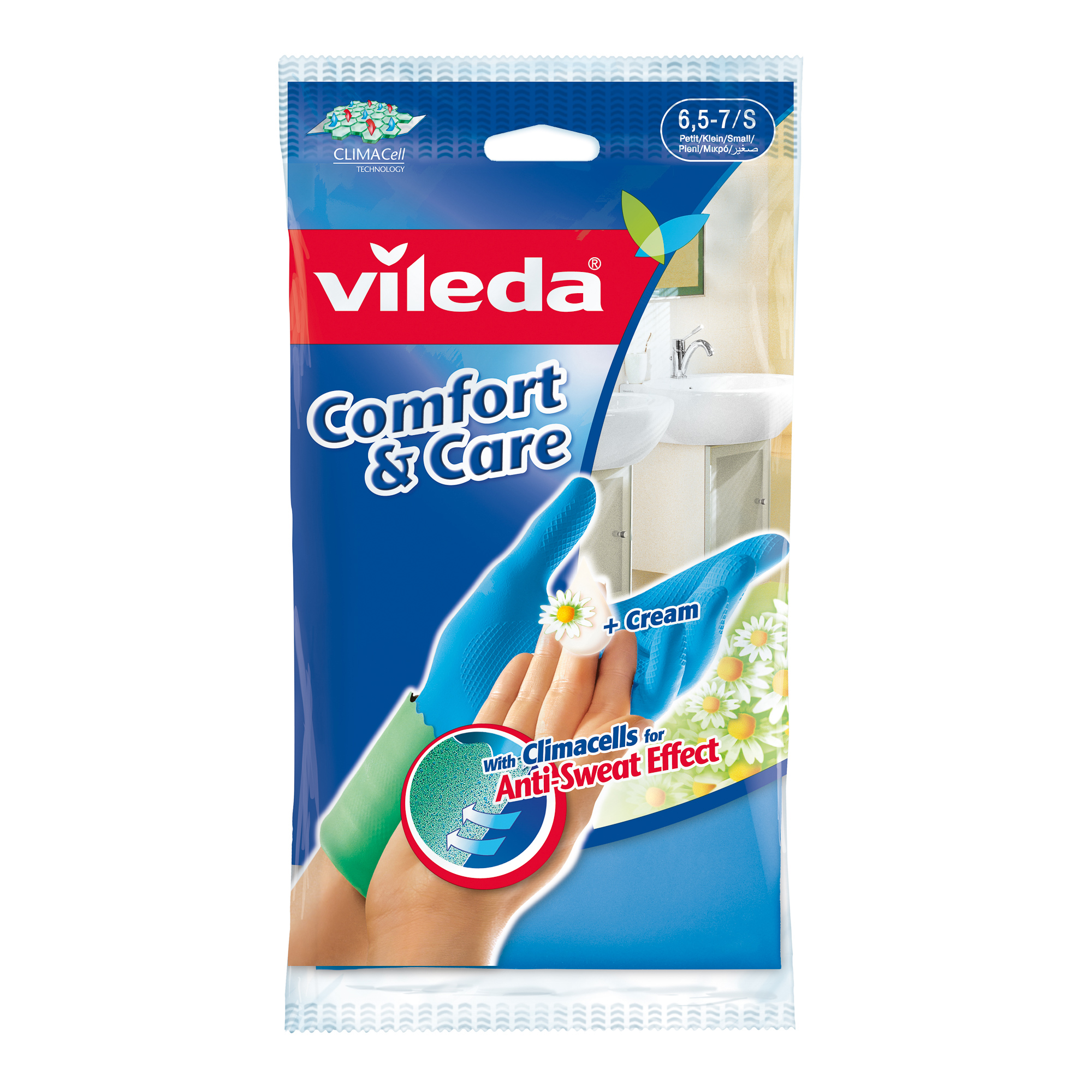 Перчатки хозяйственные  Твой дом Перчатки Vileda Comfort&Care для чувствительной кожи с кремом S