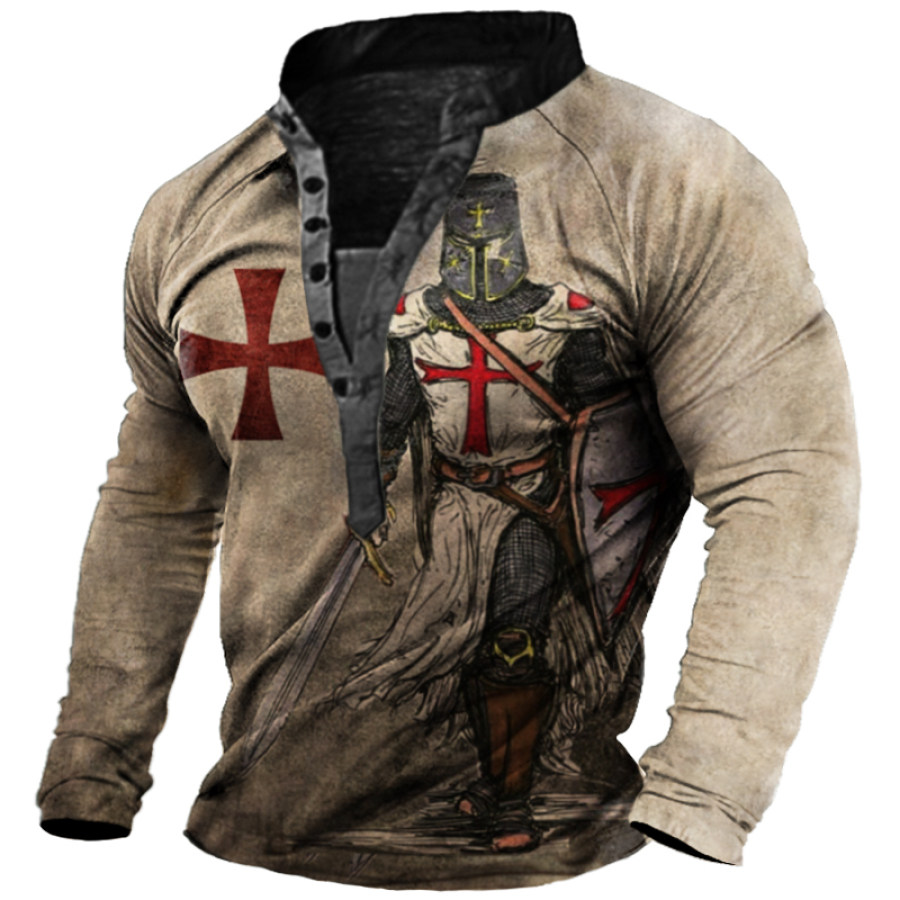 Мужская винтажная футболка Henley с длинным рукавом Templar Cross