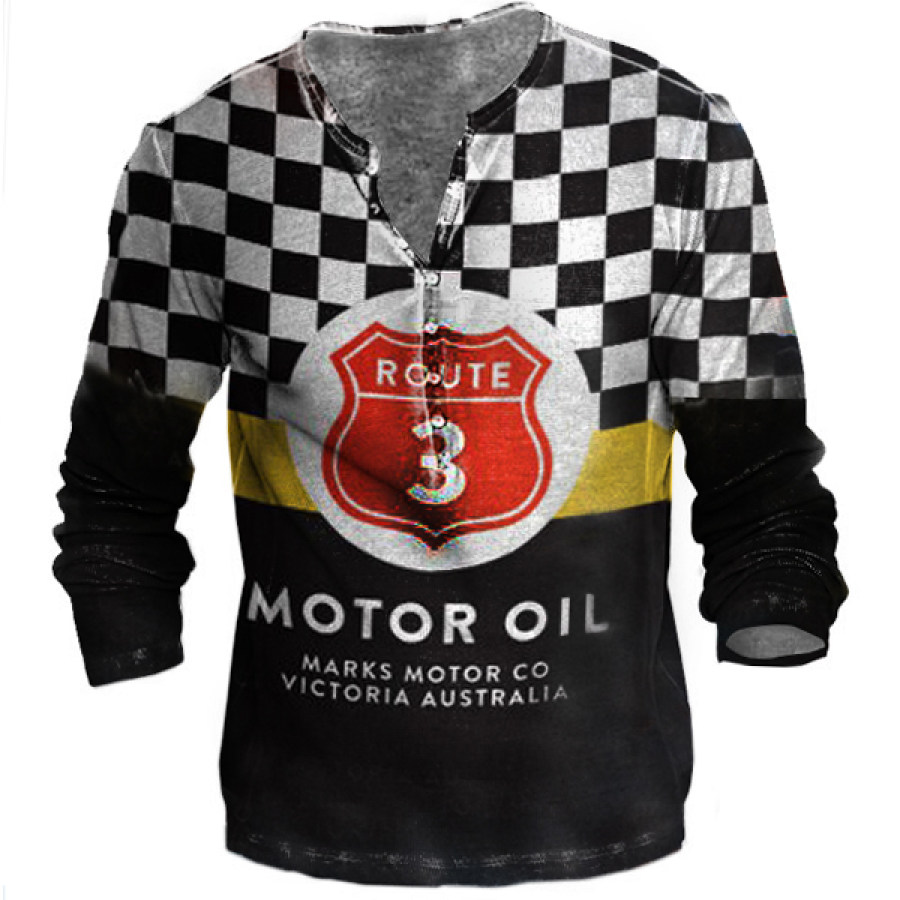 Race Car Can Vintage Motor Oil Мужская винтажная футболка Henley с длинным рукавом