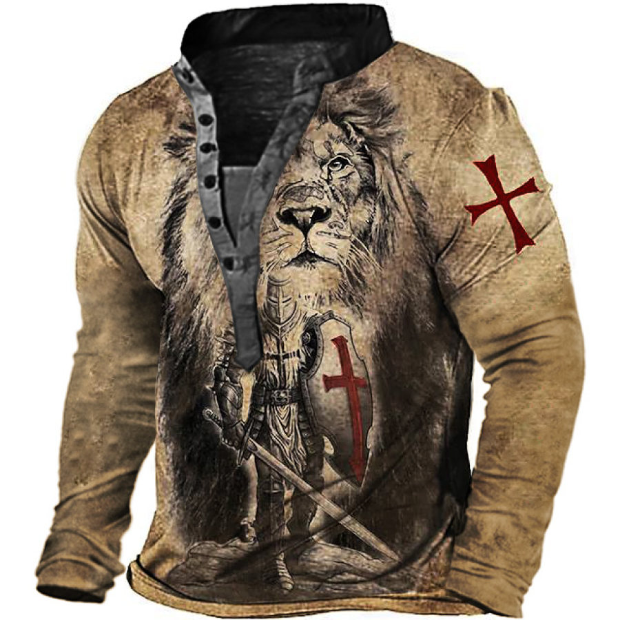 Мужская винтажная футболка с длинным рукавом Henley с принтом Templar Lion