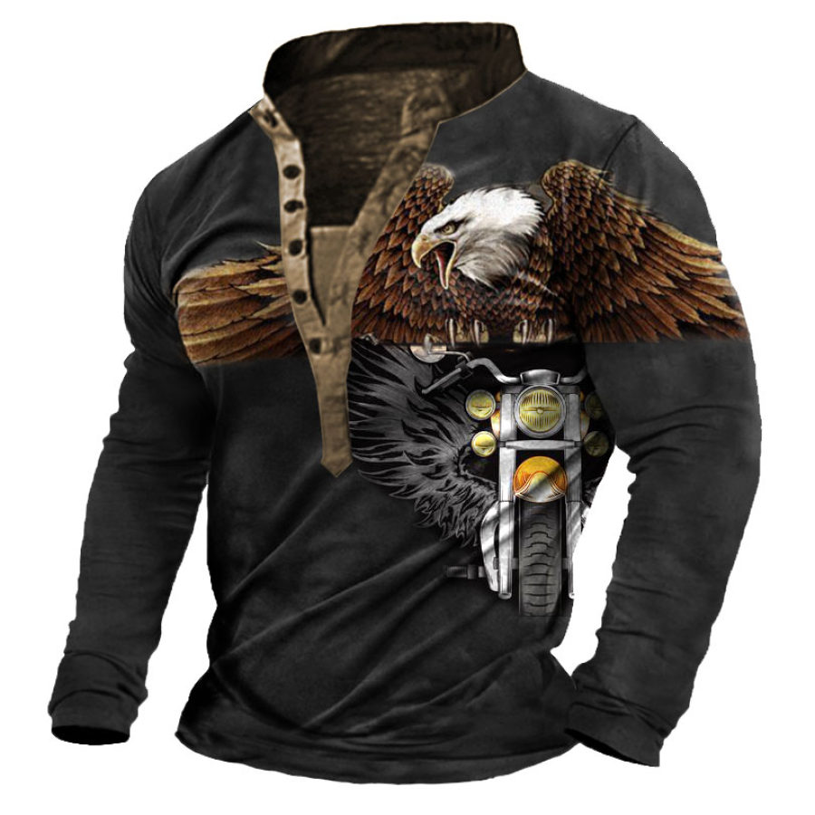 Мужская футболка Henley Vintage Eagle Мотоциклетный принт Длинные рукава Повседневные топы