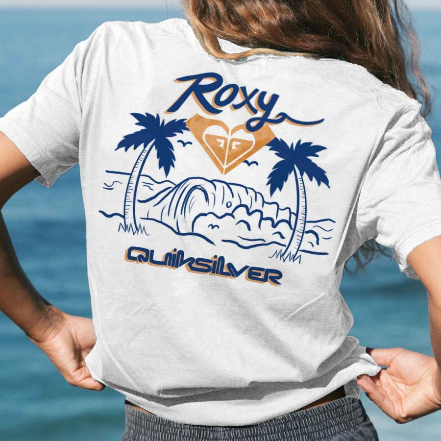 women tops Женская повседневная футболка с короткими рукавами и принтом Roxy Palm Tree Surf для пляжного отдыха и отдыха