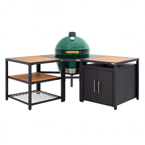  Керамический гриль Big Green Egg XL на модульной угловой подставке в комбинации со шкафом и рабочим столом зеленый 61см