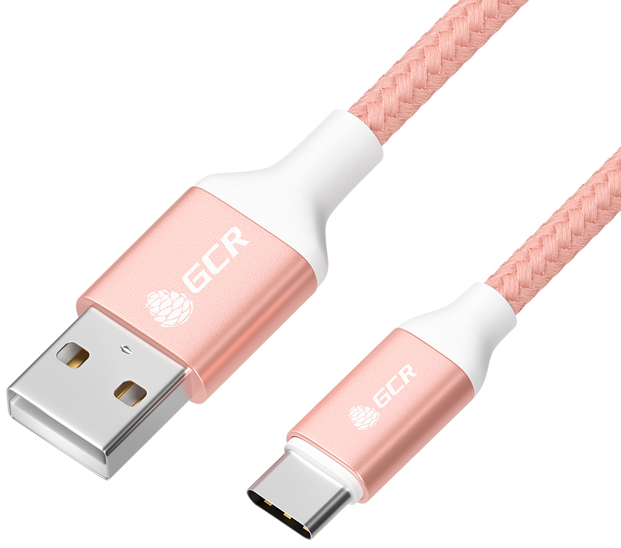  Кабель GCR QC TypeC быстрая зарядка 1 м (розовый нейлон, AL корпус розовый) (GCR-52509)