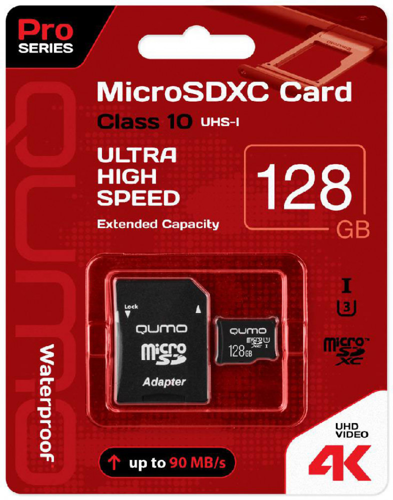   Alt Del Карта памяти Qumo microSDXC 128GB Pro series microSDXC Class 10 UHS-I, U3 + SD адаптер, Черный QM128GMICSDXC10U3