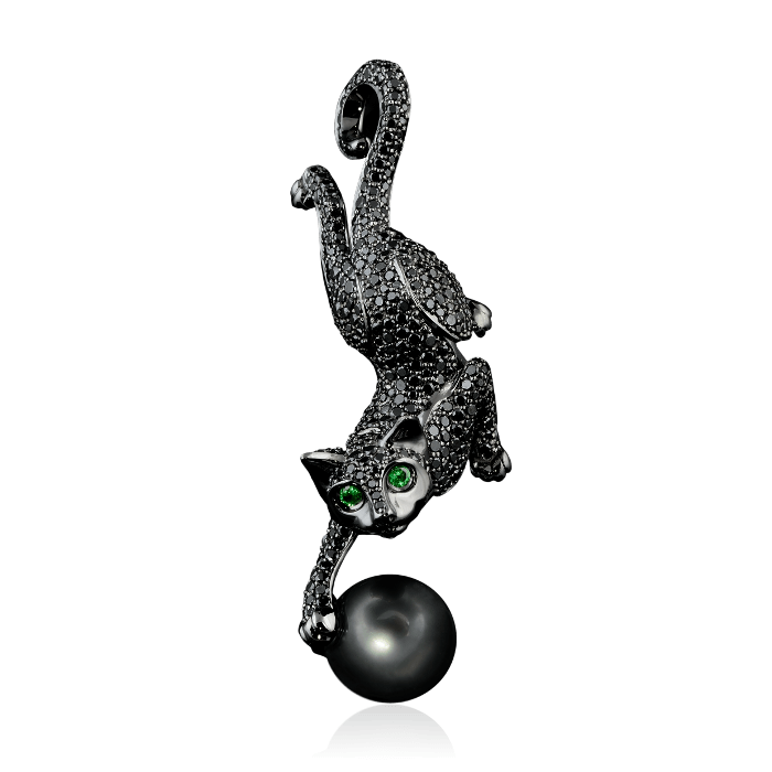   Diamonds Are Forever Кулон Кошка с черным морским жемчугом, тсаворитами, черными бриллиантами в черненом золоте 750 пробы