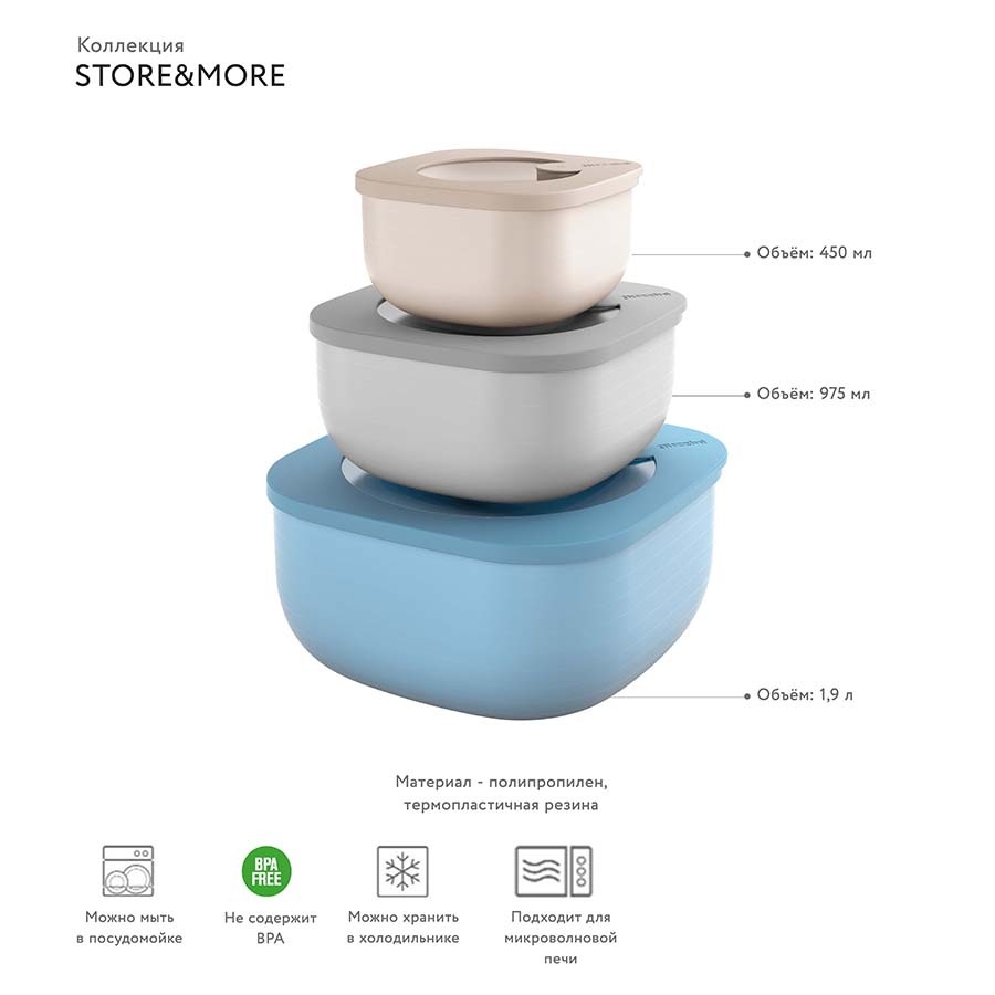 Набор контейнеров Store&More, 1,9 л, 975 мл, 450 мл, 3 шт.