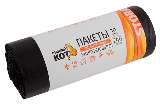 Контейнеры для мусора и пакеты  MELEON Пакеты универсальные 240л (10шт./рул.) особо прочные, ПВД, черные, 36мкм Рыжий Кот 6979