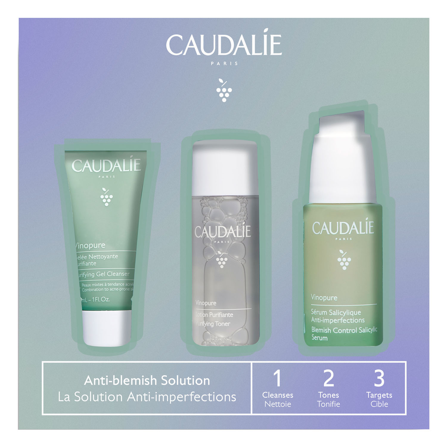 Caudalie Набор Vinopure 1,2,3 (сыворотка для сужения пор 30 мл + очищающий тоник 50 мл + очищающий гель для умывания 30 мл) (Caudalie, Vinopure)