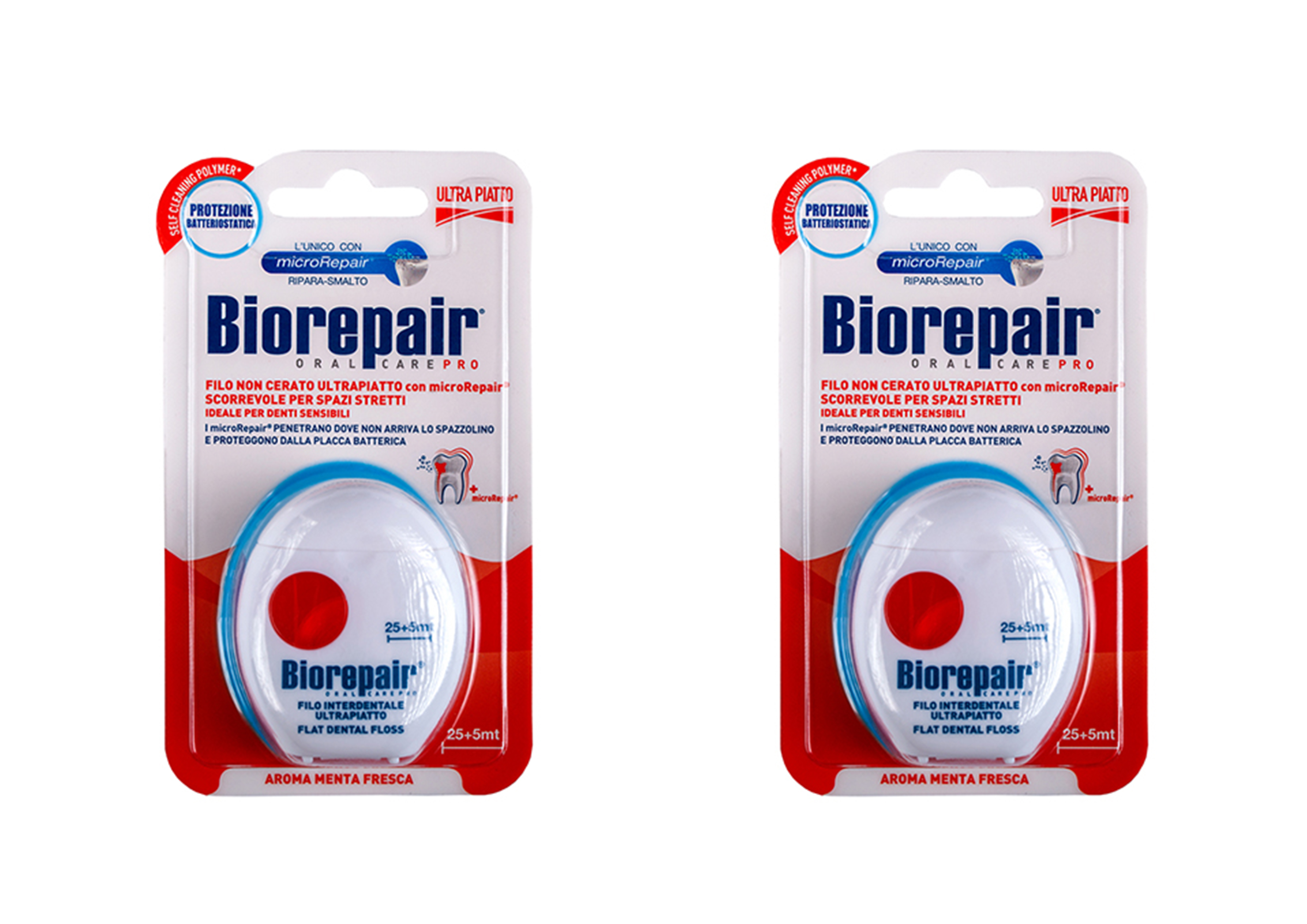 Biorepair Набор Ультраплоская зубная нить с воском для чувст.зубов Ultra-Flat Waxed Floss, 30м*2 штуки (Biorepair, Уход за зубами)