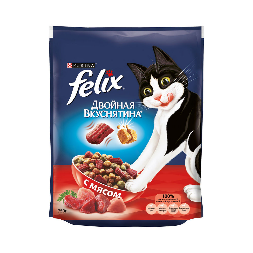 Сухой корм для взрослых кошек Felix Двойная вкуснятина с мясом 750г