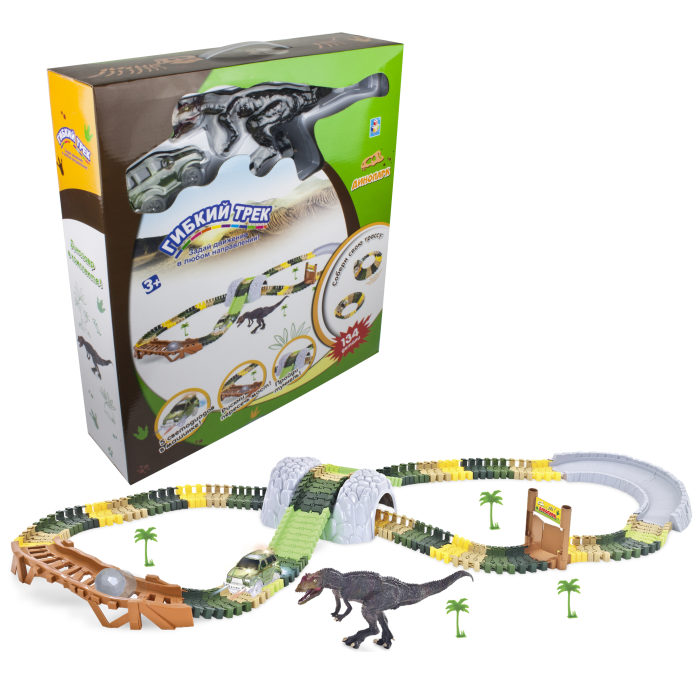 Автотреки и авторалли  ToyWay Гибкий трек – Динопарк, 132 детали, мост, ворота, туннель, шарик, динозавр и машинка