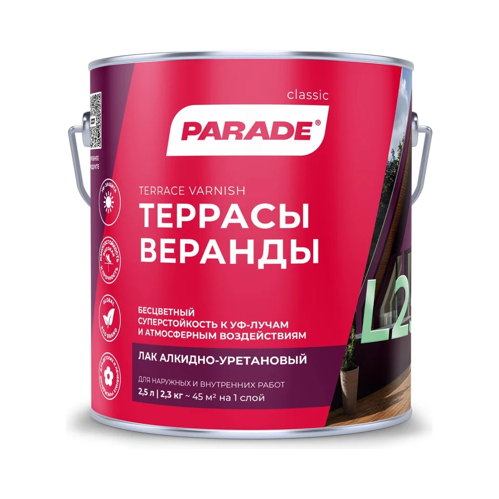 Лак алкидно-уретановый Parade L25 для террас полуматовый 2,5 л