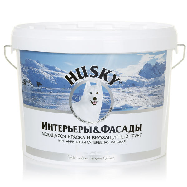 Моющаяся краска и грунт для стен HUSKY Интерьеры & Фасады 10л