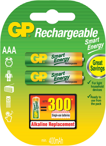 Аккумуляторные батарейки перезаряжаемые GP Smart Energy AAA, емкость 400 мАч - 2 шт. в блистере