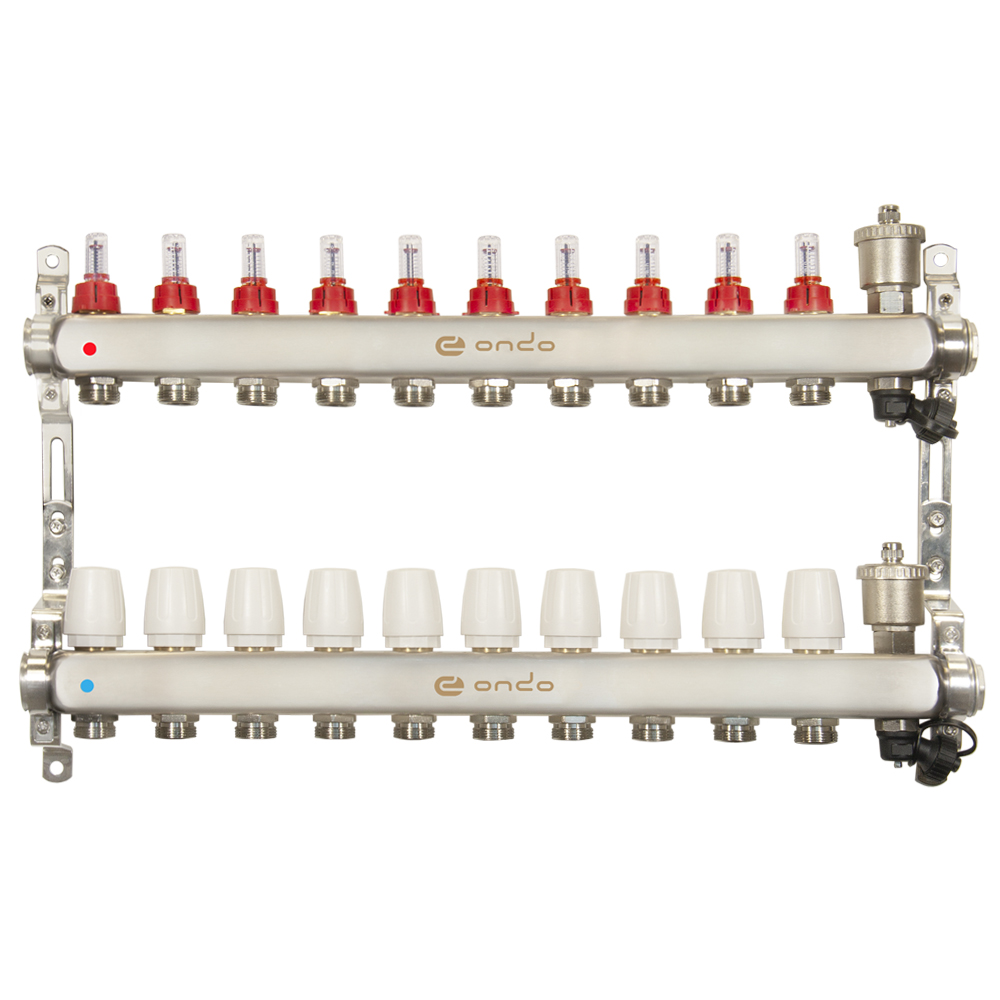 Коллекторы для воды Коллекторная группа Ondo нерж сталь 10 выходов в сборе с расходомерами и термостатическими клапанами