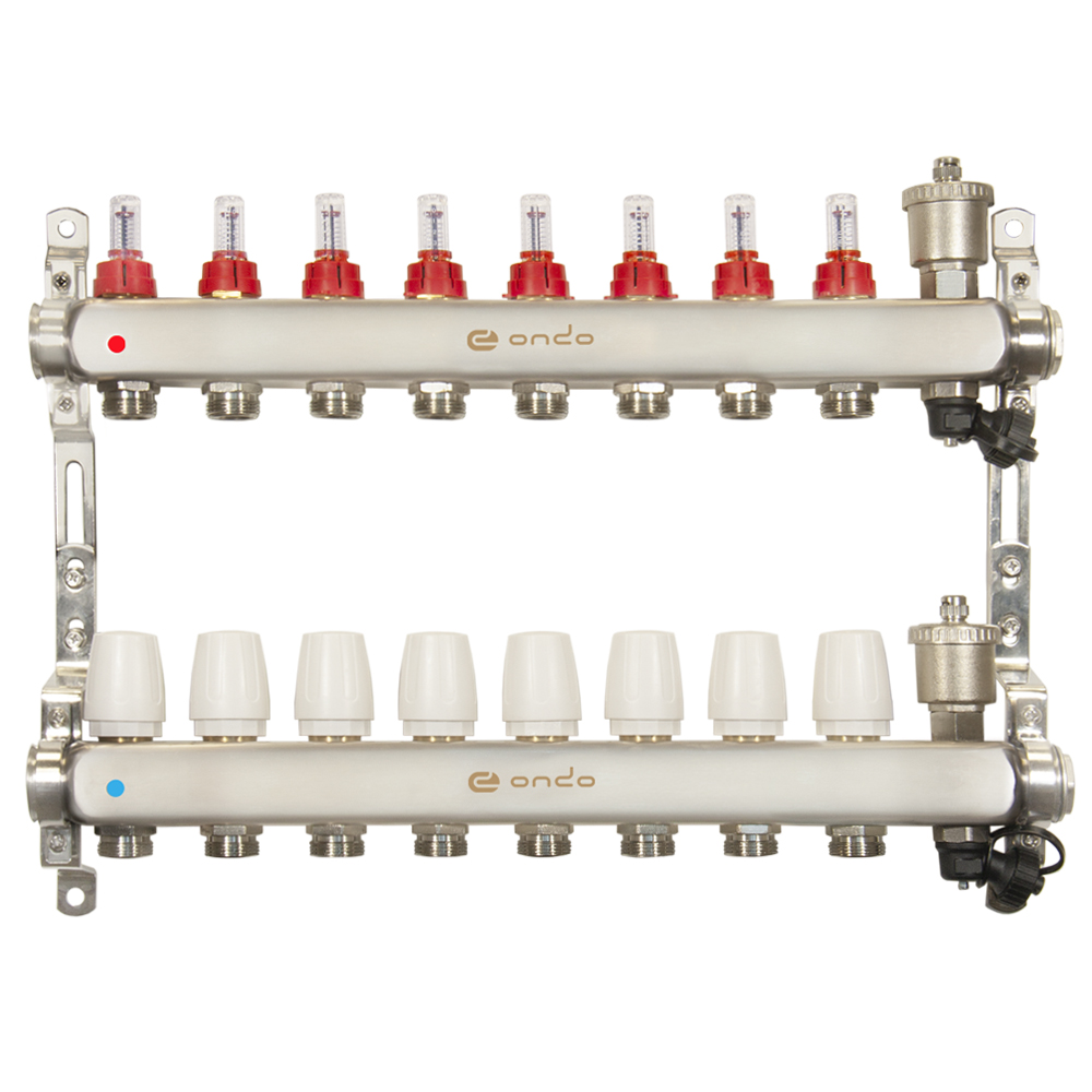 Коллекторная группа Ondo нерж сталь 8 выходов в сборе с расходомерами и термостатическими клапанами