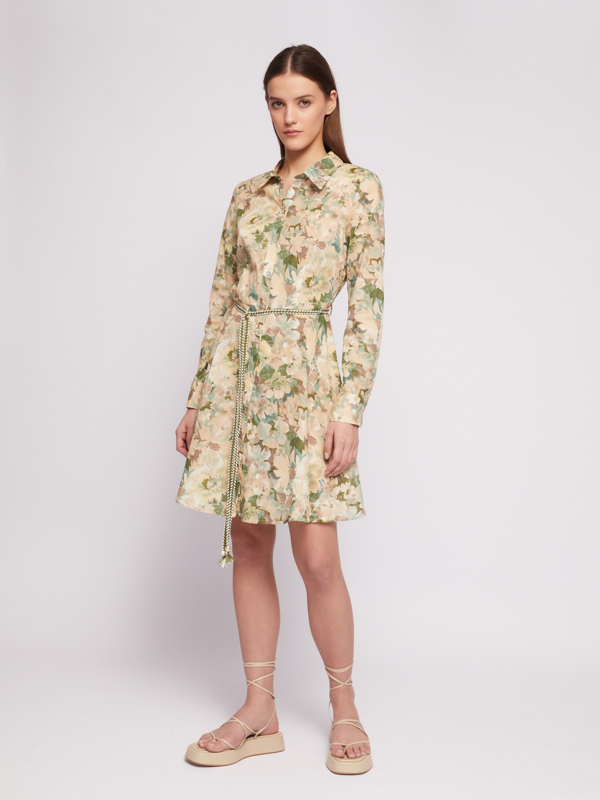 Мини  Zolla Платье-рубашка из хлопка с принтом и поясом на талии