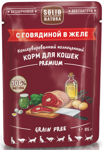 Влажный корм для кошек Solid Natura Premium кусочки в желе с говядиной  0,085 кг