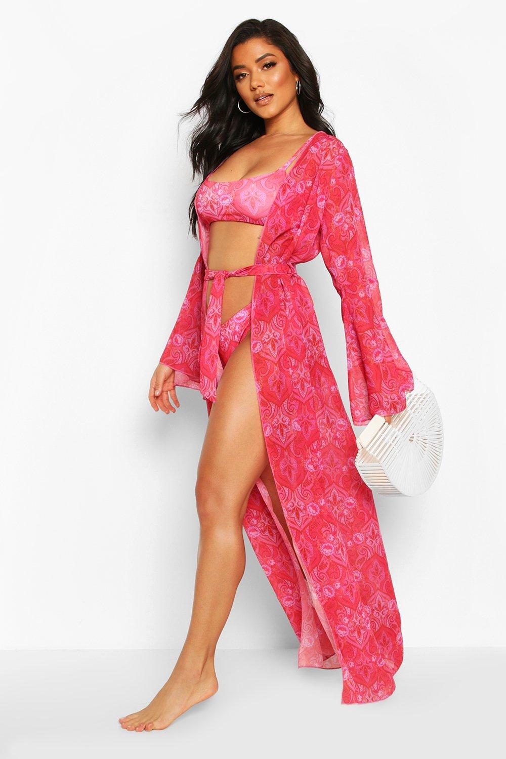 Beachwear  Boohoo Пляжное платье макси в стиле кимоно с расклешенными рукавами и узором «павлиний глаз»