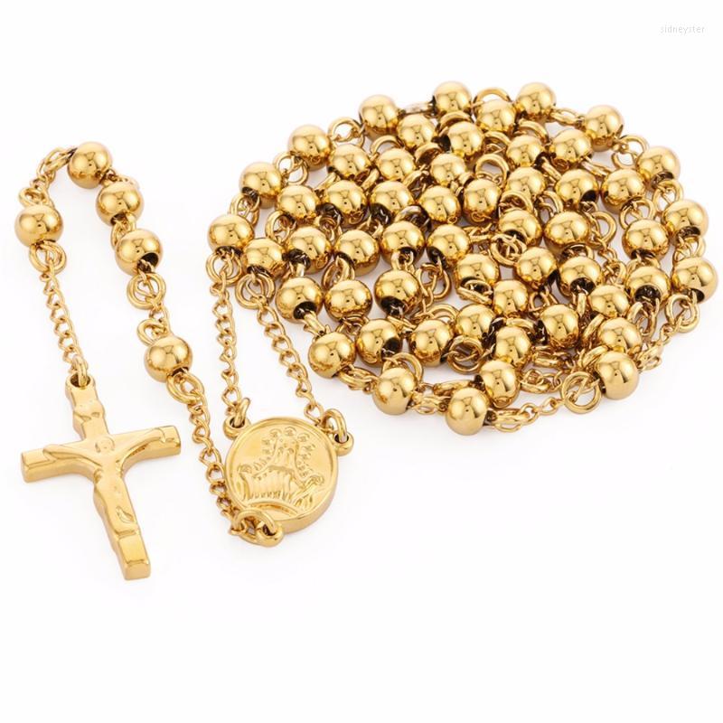   DHgate Chains Stainless Steel Beads Necklace Gold Color Rosary Necklaces Pendants Jesus Christ Cross Long Chain Men Women Jewelry Gift NZ009Chains