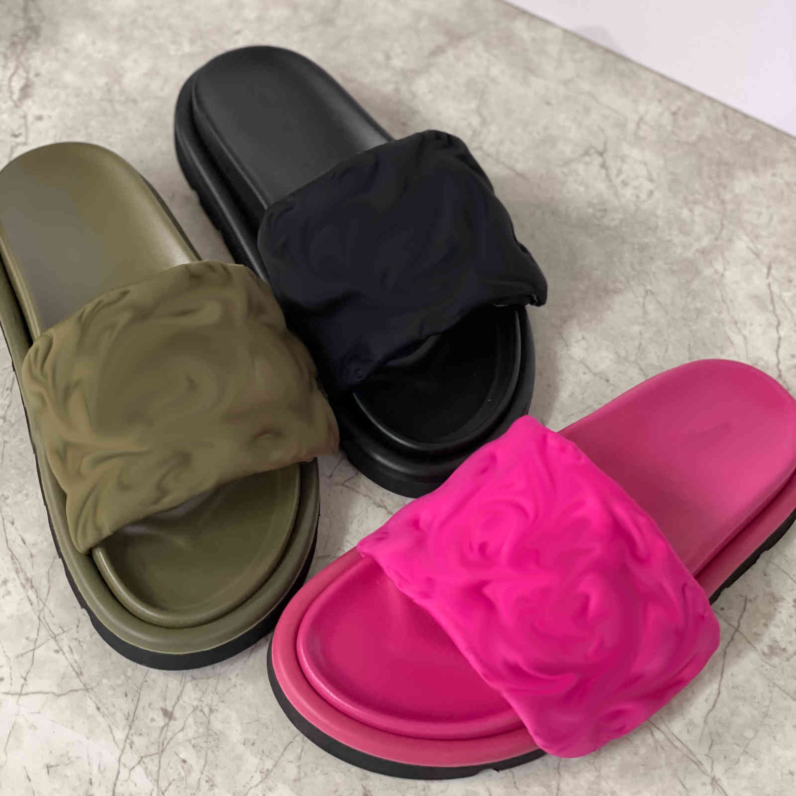 Designer Women Sandals Pool Pillow Flat Mules Sunset Flat Comfort Mules Padded Front Strap Slippers Summer Beach Fashion Slides With Box NO370