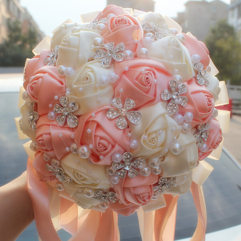  Coral Pink Ivory Champagne Satin Rose Festival Stitch Bouquets Custom Ribbon Wedding Bridal Bouquet Flowers Color Option W224A-6
