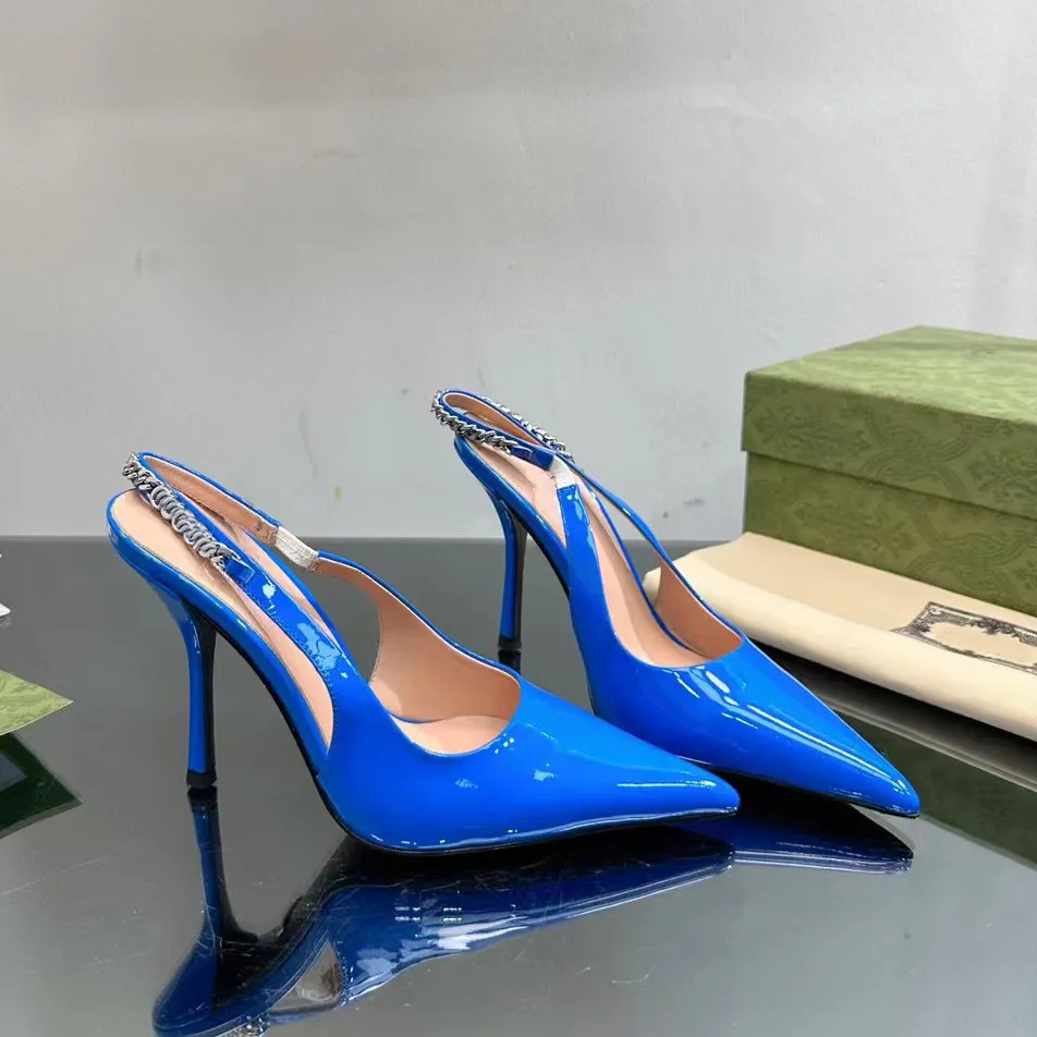  High Heel Dress Shoes Blue Elegant Pointed Slingbacks Lacquer Leather Luxury Designer Heels Casual Metal Chain Decorative Sandals