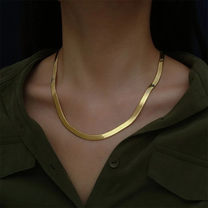   DHgate Sterling Gold 4MM Flat chain Necklace for Women Luxury Fine Jewelry wedding gift choker Clavicle Necklace
