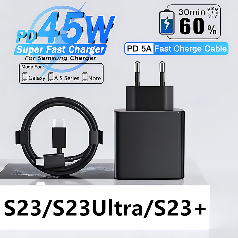 Cell Phones & Accessories>Cell Phone Accessories>Cell Phone Chargers PD 45W Super Fast Charger For Samsung Galaxy S21 S22 S23 Ultra Plus S20 fe USB C Charger Type C Cable Fast Charging Accessories Wall Charger Eu US Power adapter 5A C-C Cable