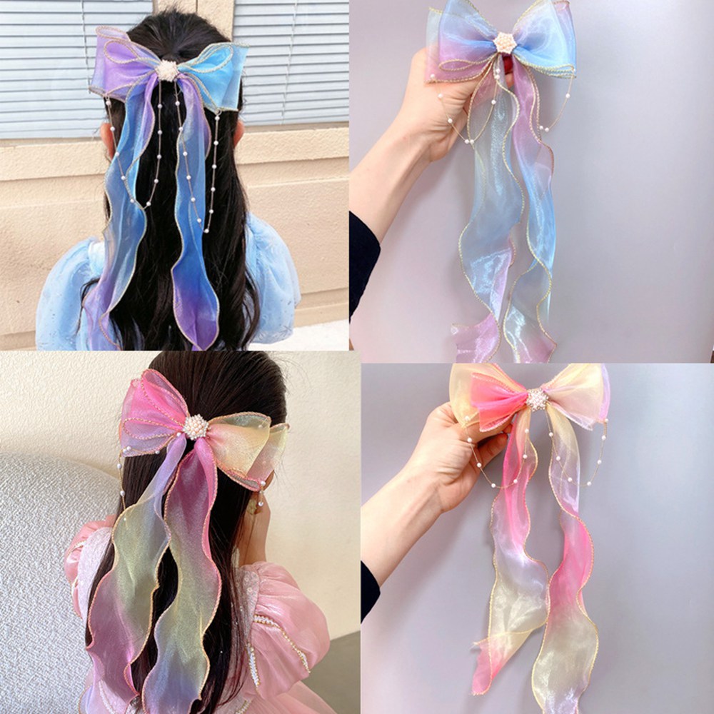   DHgate Mermaid Pearl Mesh Hair Bows Ribbon Star Long Wig Hair Extension Clips Girls Hair Streamers Kid Party Hair Accessories 2047
