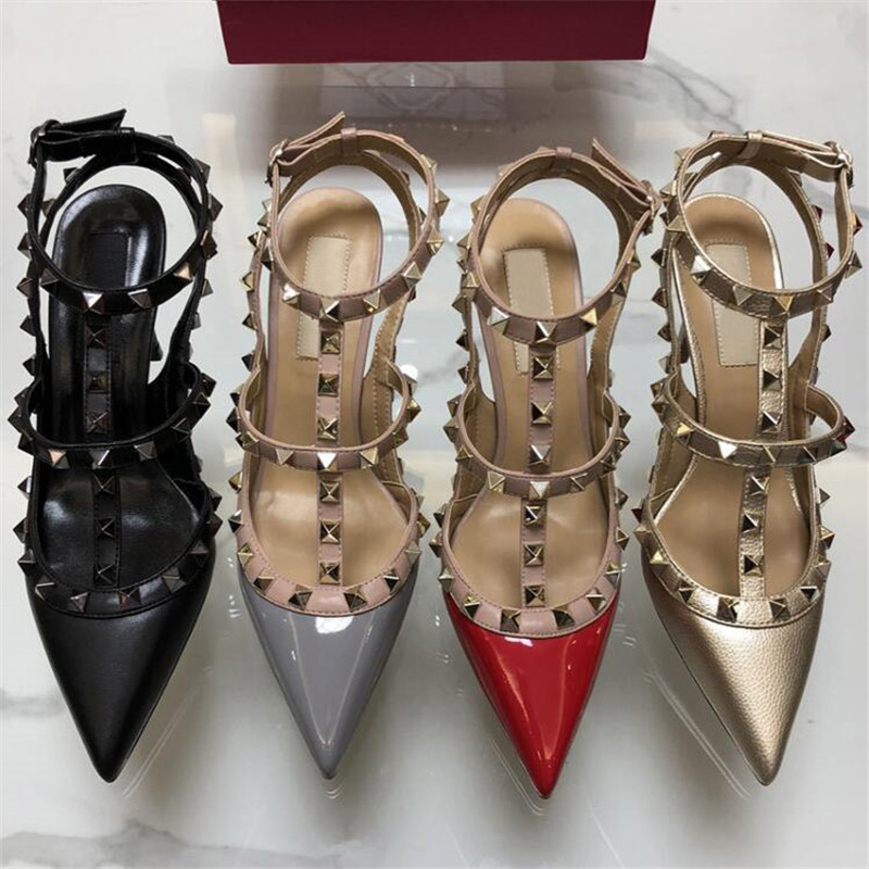   DHgate 2-Strap 10cm High Heels Sandals Rivets Dress Shoes Valentine Shoes Designer Pointed Toe Patent Leather Women Studded Strappy With Studs