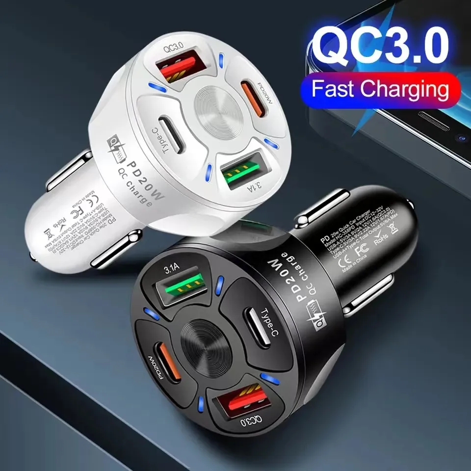  Dual PD USB C Car Charger Fast Charging PD20W 4 Port QC3.0 Type C Fast Charger For iPhone 15 Samsung Xiaomi Moto Car Phone Charger