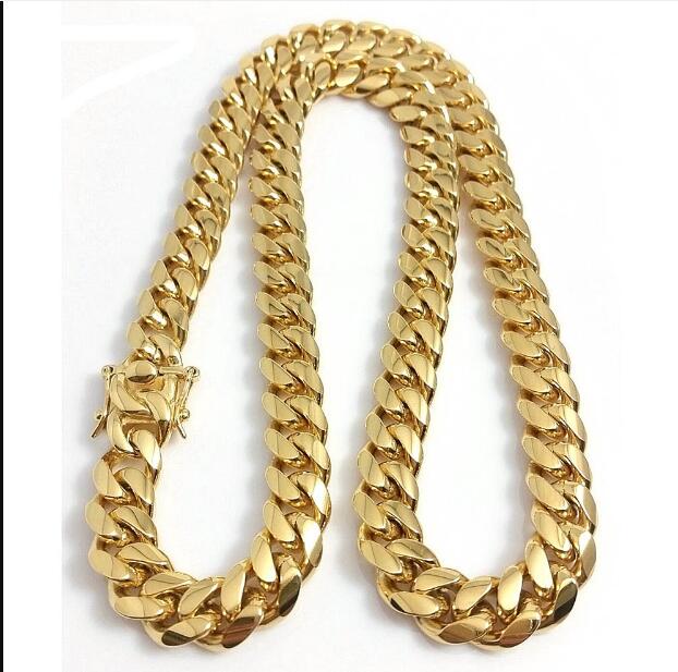  2023 Stainless Steel Jewelry 18K Gold Plated High Polished Miami Cuban Link Necklace Men Punk 15mm Curb Chain Double Safety Clasp 18inch-30inch