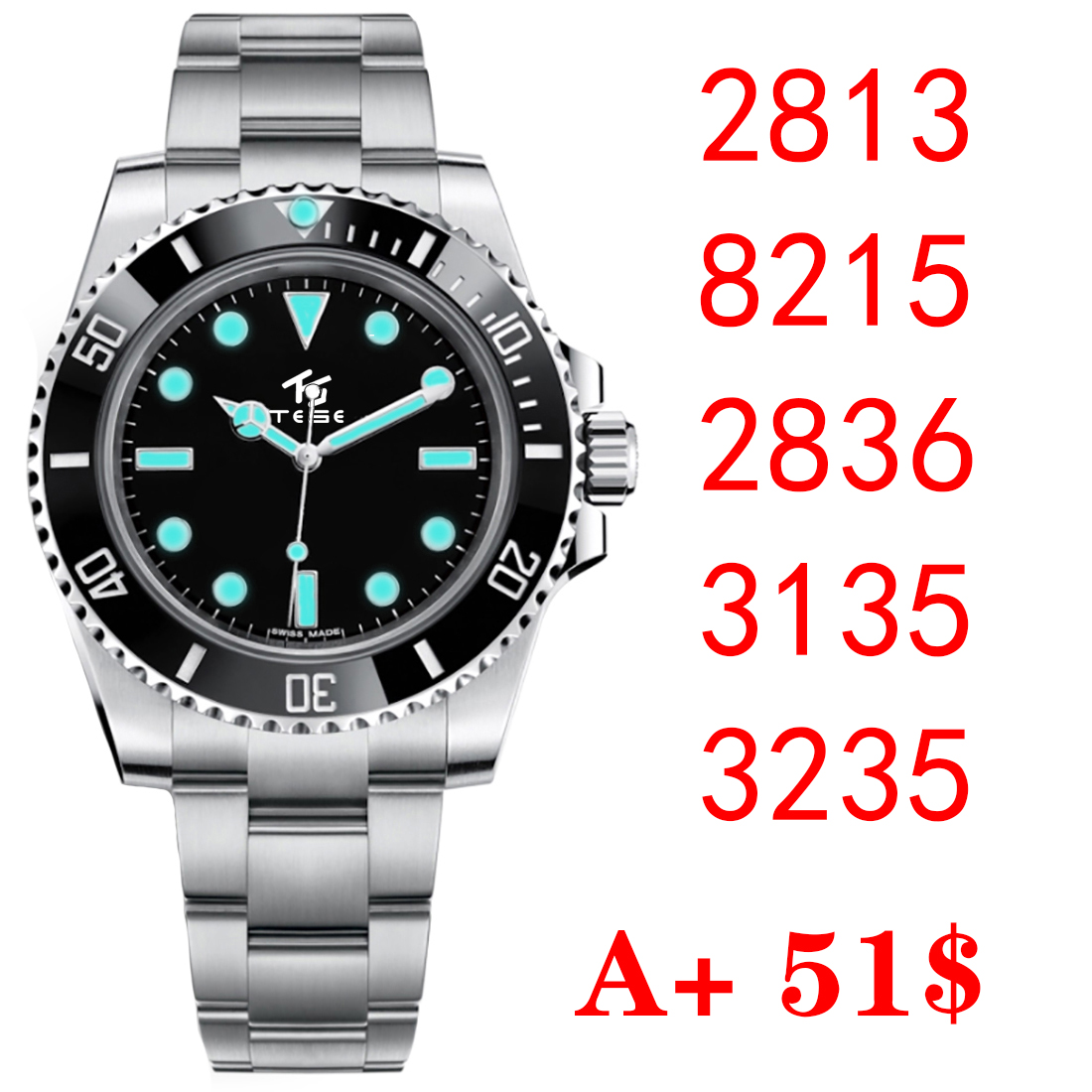 Watches>Wristwatches  DHgate Top Clean NF 16610 Luxury Sports Watches Men Business ETA 2836 3135 3235 Automatic 904L Stainless Steel Black Luminous Waterproof Diving 40MM 41MM Wristwatch Clean