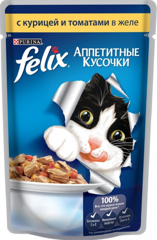 Корм Felix для кошек Курица, Томаты желе 85 г. пауч