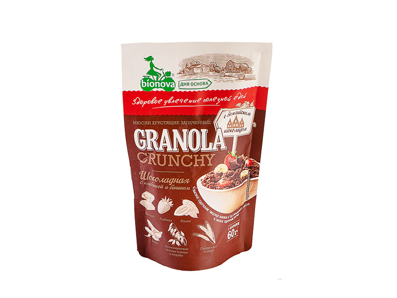 Лапша, каши Мюсли Bionova Granola запеченые шоколадные с клубникой и бананом 60 г. дой-пак